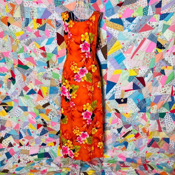 70s vintage maxi dressS-MHawaiian floral yellow rust orange pink black